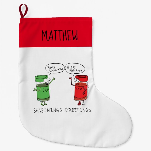 Funny Christmas Cartoon Cooking Spices Large Christmas Stocking (Front)
