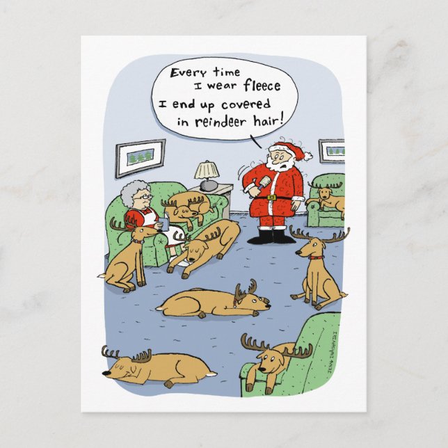 Funny Christmas Cartoon Reindeer Hair and Fleece Holiday Postcard (Front)