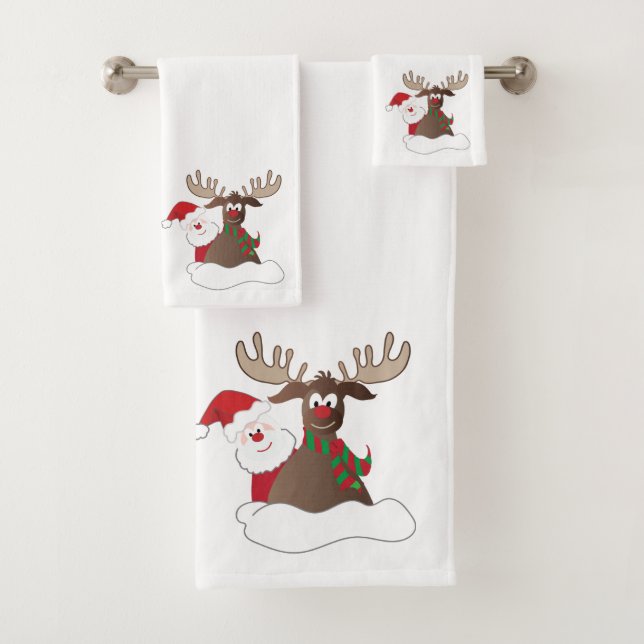 Funny Christmas cartoon Santa& reindeer Bath Towel Set (Insitu)