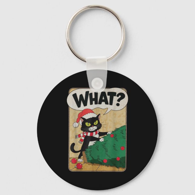 Funny Christmas Cat Christmas Tree Meowy Christmas Key Ring (Front)
