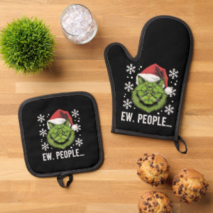 Funny Christmas Cat Ew People Meowy Cat Lovers Oven Mitt & Pot Holder Set