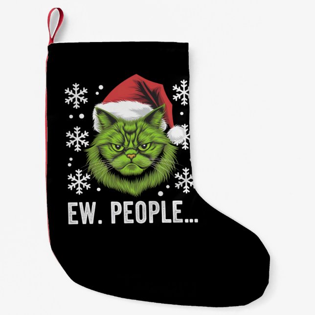 Funny Christmas Cat Ew People Meowy Cat Lovers  Small Christmas Stocking (Front)