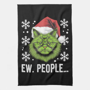 Funny Christmas Cat Ew People Meowy Cat Lovers  Tea Towel