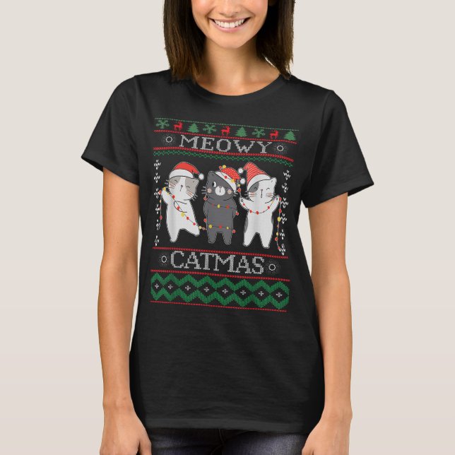 Funny Christmas Cat Matching Family Pyjamas Meowy  T-Shirt (Front)