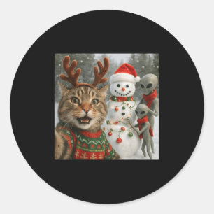 Funny Christmas Cat Selfie With Bigfoot Alien & Classic Round Sticker