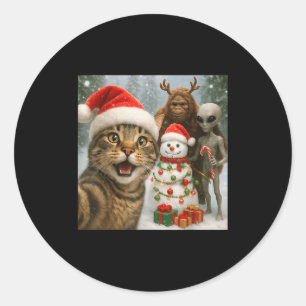 Funny Christmas Cat Selfie With Bigfoot Alien &amp Classic Round Sticker