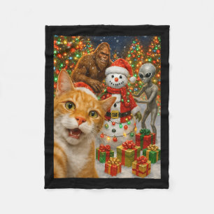 Funny Christmas Cat Selfie With Bigfoot Alien & Fleece Blanket