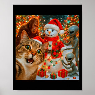 Funny Christmas Cat Selfie With Bigfoot Alien & Poster