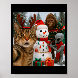 Funny Christmas Cat Selfie With Bigfoot Alien & Poster