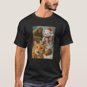Funny Christmas Cat Selfie with Bigfoot Alien Snow T-Shirt