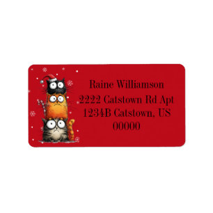 Funny Christmas Cat Stack Snowflakes Red Address Label