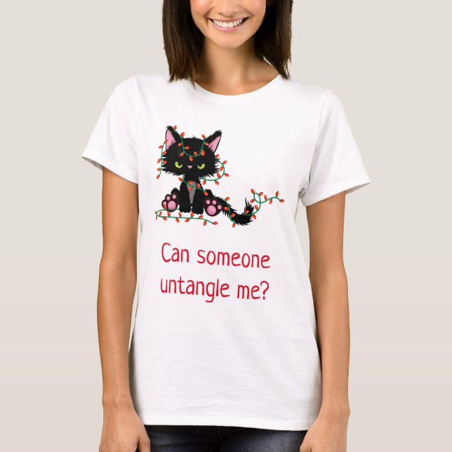 Funny Christmas cat tangled lights T-Shirt (Front)