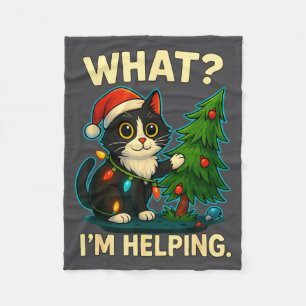 Funny Christmas Cat What I’m Helng Holiday Tuxedo  Fleece Blanket