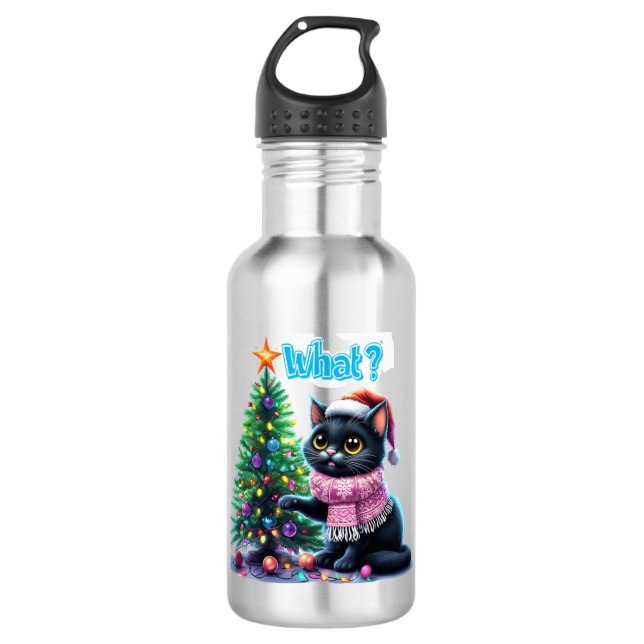 Funny Christmas Cat What with Tree Sticker 710 Ml Water Bottle (Front)