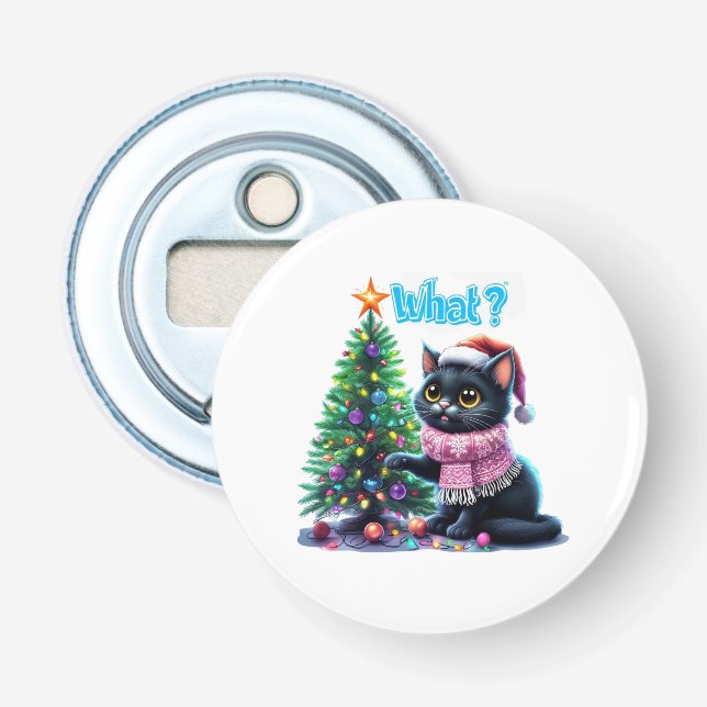 Funny Christmas Cat What with Tree Sticker Bottle Opener (Front)