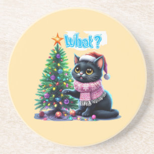 Funny Christmas Cat What with Tree Sticker Coaster