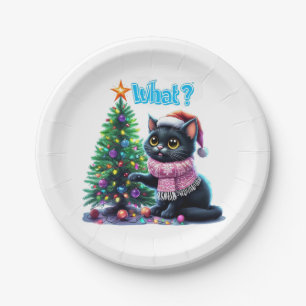 Funny Christmas Cat What with Tree Sticker Paper Plate