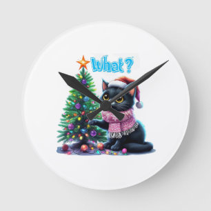 Funny Christmas Cat What with Tree Sticker Round Clock