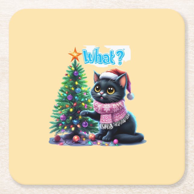 Funny Christmas Cat What with Tree Sticker Square Paper Coaster (Front)