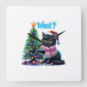 Funny Christmas Cat What with Tree Sticker Square Wall Clock