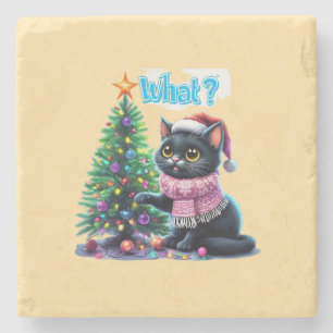 Funny Christmas Cat What with Tree Sticker Stone Coaster