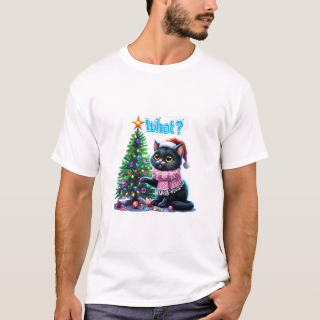 Funny Christmas Cat What with Tree Sticker T-Shirt (Front)