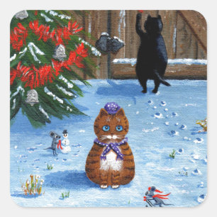Funny Christmas Cats and Mice Creationarts Square Sticker