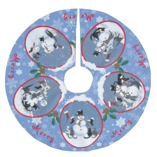 Funny Christmas cats and snowman 5 scenes Brushed Polyester Tree Skirt