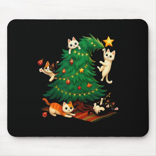 Funny Christmas Cats Climbing Tree Cute Cat Xmas H Mouse Pad (Front)