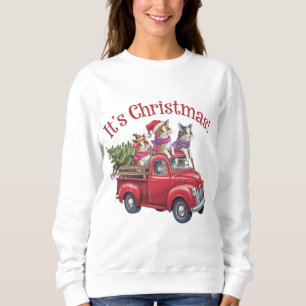 Funny Christmas Cats in Red Truck Sweatshirt
