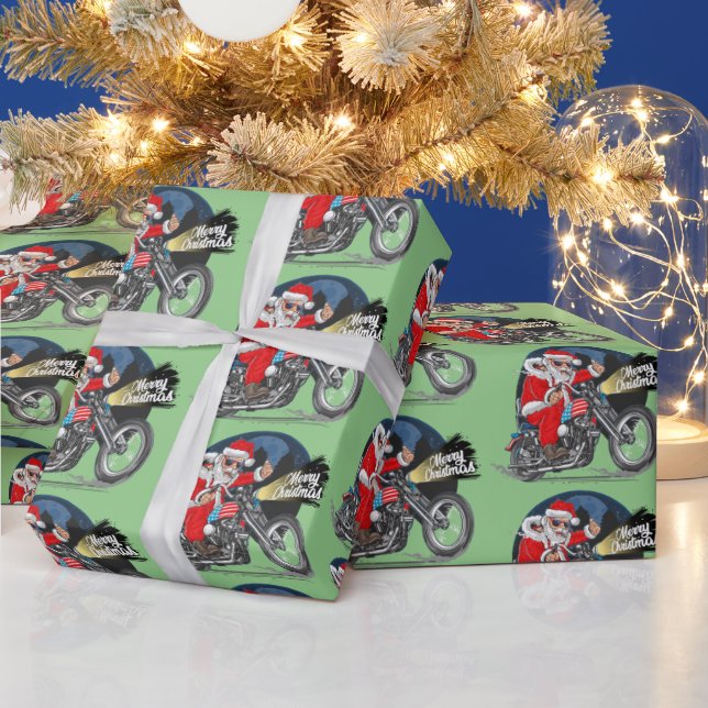 Funny Christmas Cigar Motorcycle Riding Santa  Wrapping Paper (Holidays)