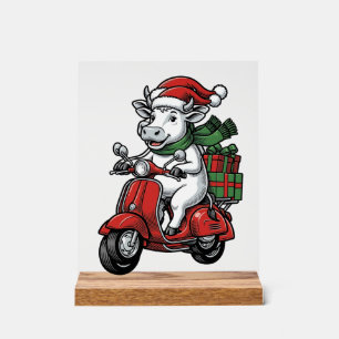 Funny Christmas Cow Riding Scooter Vintage Design_ Acrylic Sign