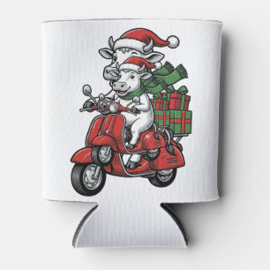 Funny Christmas Cow Riding Scooter Vintage Design_ Can Cooler