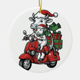 Funny Christmas Cow Riding Scooter Vintage Design_ Ceramic Tree Decoration