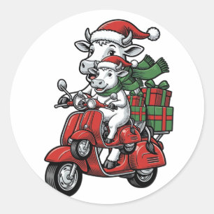 Funny Christmas Cow Riding Scooter Vintage Design_ Classic Round Sticker