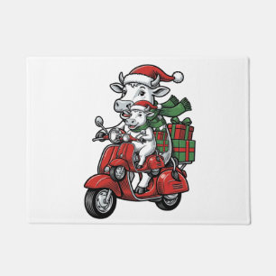 Funny Christmas Cow Riding Scooter Vintage Design_ Doormat