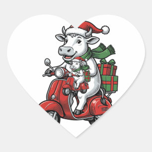 Funny Christmas Cow Riding Scooter Vintage Design_ Heart Sticker