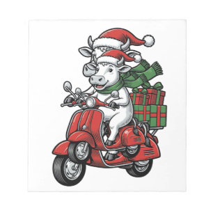 Funny Christmas Cow Riding Scooter Vintage Design_ Notepad
