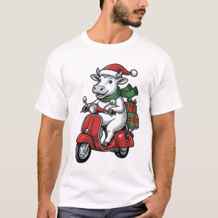 Funny Christmas Cow Riding Scooter Vintage Design_ T-Shirt