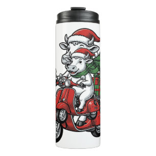 Funny Christmas Cow Riding Scooter Vintage Design_ Thermal Tumbler