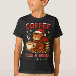 Funny Christmas Cute Coffee Cats Books Lover Women T-Shirt