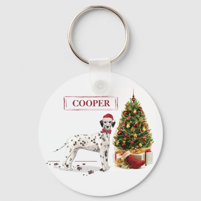 Funny Christmas Dalmatian Dog and Tree Key Ring (Front)