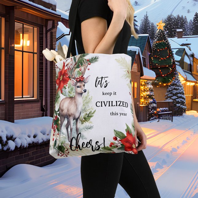 Funny Christmas Deer  Tote Bag (Cute funny Christmas tote bag featuring a watercolor design with a deer, festive Poinsettia and pine)