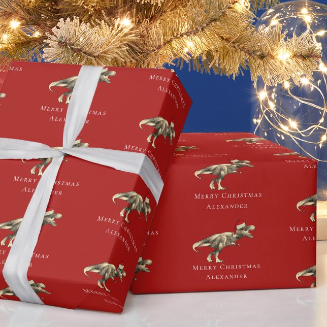 Funny Christmas Dinosaur Personalised Red Wrapping Paper (Funny christmas T-Rex dinosaur personalized boy name red holiday gift wrapping paper)