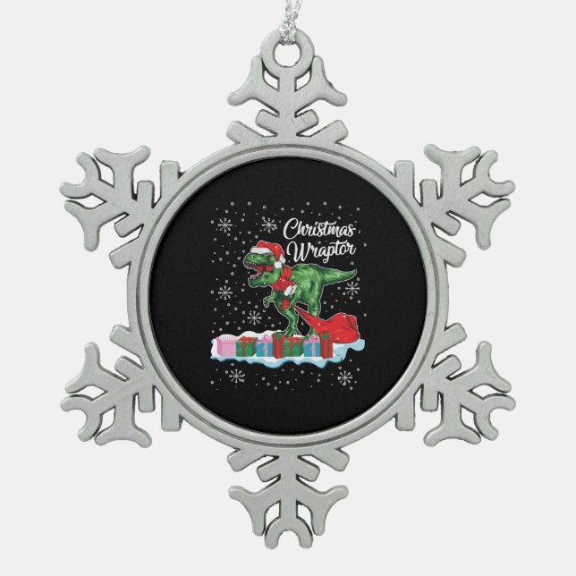 Funny Christmas Dinosaur Wraptor Velociraptor Snowflake Pewter Christmas Ornament (Front)