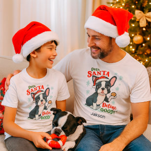 Funny Christmas Dog Boston Terrier Custom Name T-Shirt