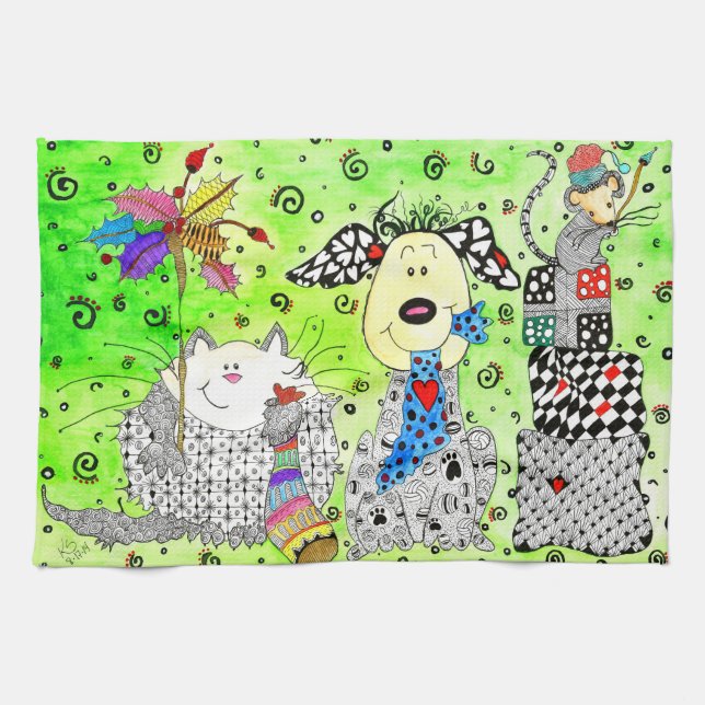 Funny Christmas Dog, Cat and Mouse Kitchen Towel (Horizontal)