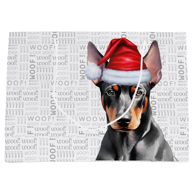 Funny Christmas Dog Doberman Pinscher Woof Words Large Gift Bag (Front)