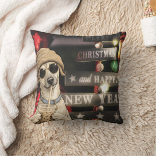 Funny Christmas Dog Drinking Bubble Tea Cushion