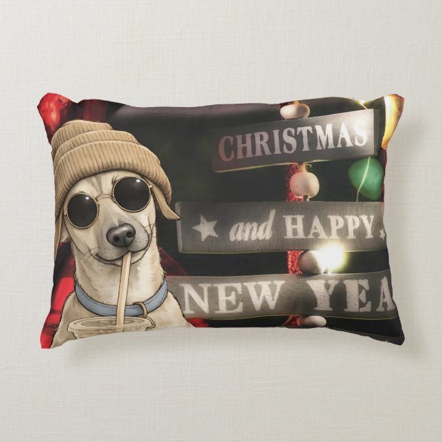Funny Christmas Dog Drinking Bubble Tea Decorative Cushion (Front)